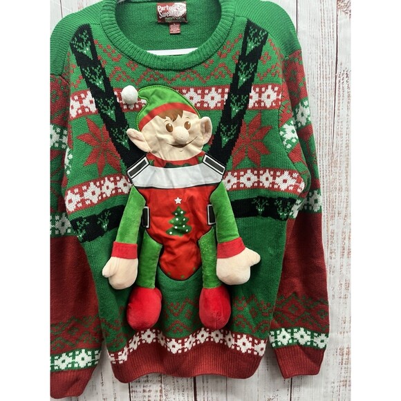 Party Sweater Dec 25th Christmas Fireplace Detachable Stocking Pullover Mens L - Picture 3 of 8